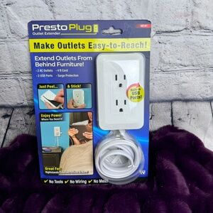 Presto Plug Wall Outlet Extender 4 ft Cord Peel & Stick As Seen On TV 2 AC 2 USB